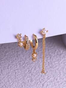 Bộ 4 bông tai mạ vàng 14K đính ngọc trai và đá Cubic Zirconia không gây dị ứng, Quà tặng trang sức thanh lịch cho phụ nữ, Thích hợp để kết hợp và đeo hàng ngày/lễ hội - Vàng - Xem 6