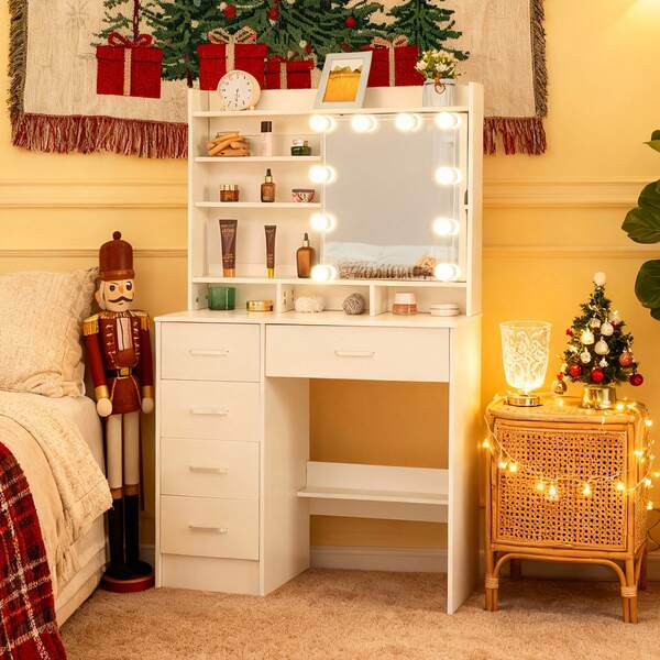 [Top Choice For Halloween And Christmas Gifts] Vanity Table With Makeup Mirror With LED Lights, Dressing Table Makeup Desk With Drawers - Scandinavian Modern Style, Solid Wood Construction, Dimmable LED Lights With Touch Sensor, Spacious Storage Organizer With Multiple Partitions For All Cosmetics, Skincare, Jewelry & Accessories | Perfect Bedroom Vanity, Bathroom Makeup Station, Dorm Room Organizer | Minimalist Fresh Aesthetic, Girly Chic Home Decor, Fast Shipping, In Stock Now For Immediate Delivery, Best Gift For Women, Teens, Bridal Shower Present