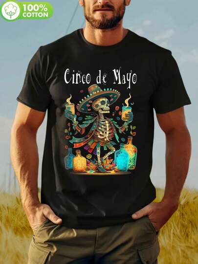 Camiseta gráfica para hombres "Circo De Mayo" - 100% algodón, ajuste casual, manga corta con diseño vibrante de calavera y sombrero - perfecta para actividades al aire  citas, lavable a máquina, ropa casual para exteriores |   Camisa de Estampado Vibrante |   Camisa de Ajuste Cómodo, Talla Grande
