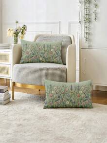 1/2pcs Modern Floral Design Pillow Cover, Light Green/Pink/Purple/Yellow Plant Pattern Cushion Cover, Zippered, Sofa Decor, Gaming/Car Lumbar Pillow, Camping Cushion, Hidden Zipper, Machine Washable, Holiday Gift, No Pillow Insert - Green - View 10