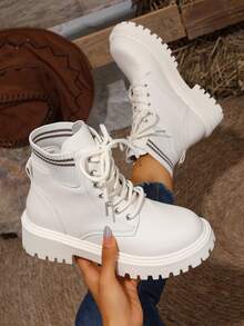 秋冬女士时尚靴子、休闲踝靴和短靴、优雅平底鞋、春秋季 - 米色 - 查看 2