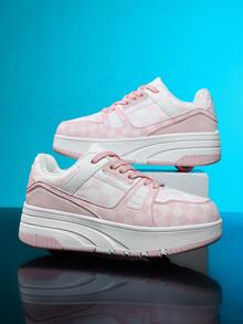 1 Pair Kids Boys Girls Plaid Stripes PU Lace-Up Design TPR Thick Sole Round Toe Low-Top Roller Skates Inline Skates Cute Children Shoes Suitable For Indoor And Outdoor Wear, All Seasons - Baby Pink - View 15