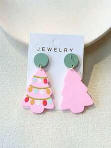 1 Pair Acrylic Christmas Tree Earrings, Pink Christmas Tree Print And Colorful Lights, Ceramic Texture, Elegant For Christmas Parties Christmas Decorations Home Christmas Gifts Christmas Decor - Multicolor - View 11