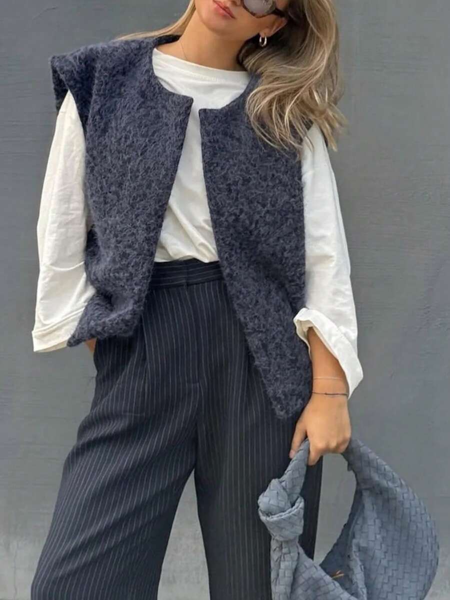 1pc Solid Color Woven Fabric Soft Fleece Women Top, Suitable For Autumn/Winter Casual - Navy Blue - View 1