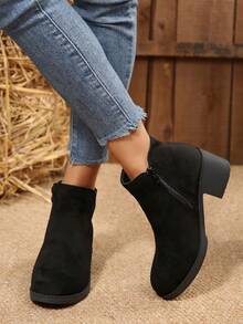 Women's Ankle Boots, Women's Short Boots, Thick Heels, Round Toe Body, Solid Color Design, Simple Style, Gorgeous And Comfortable, Elegant And Unique, Suitable For Home Travel And Daily Commuting. - màu đen - Xem 5