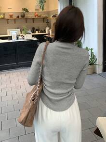 Damen Slim Fit Pullover mit Stehkragen, gefaltete Taille, leicht, vielseitig für Herbst & Winter, einfach Lässig, für den täglichen Gebrauch, Pendeln, Zuhause und andere Anlässe zum Tragen, Langarm Oberteile - Hellgrau - Übersicht 3