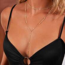 Luxval Lariat Gold Necklace For Women, Dainty Long Necklace 14k Gold Plated/Silver Y-Shaped Pendant Necklaces  Beaded Chain Drop Necklaces Jewelry For Women Gifts{"Color_name":"Gold-YLayeredShinnyNecklace"} - 金色-Y 層層疊疊閃亮項鍊 - 查看 3