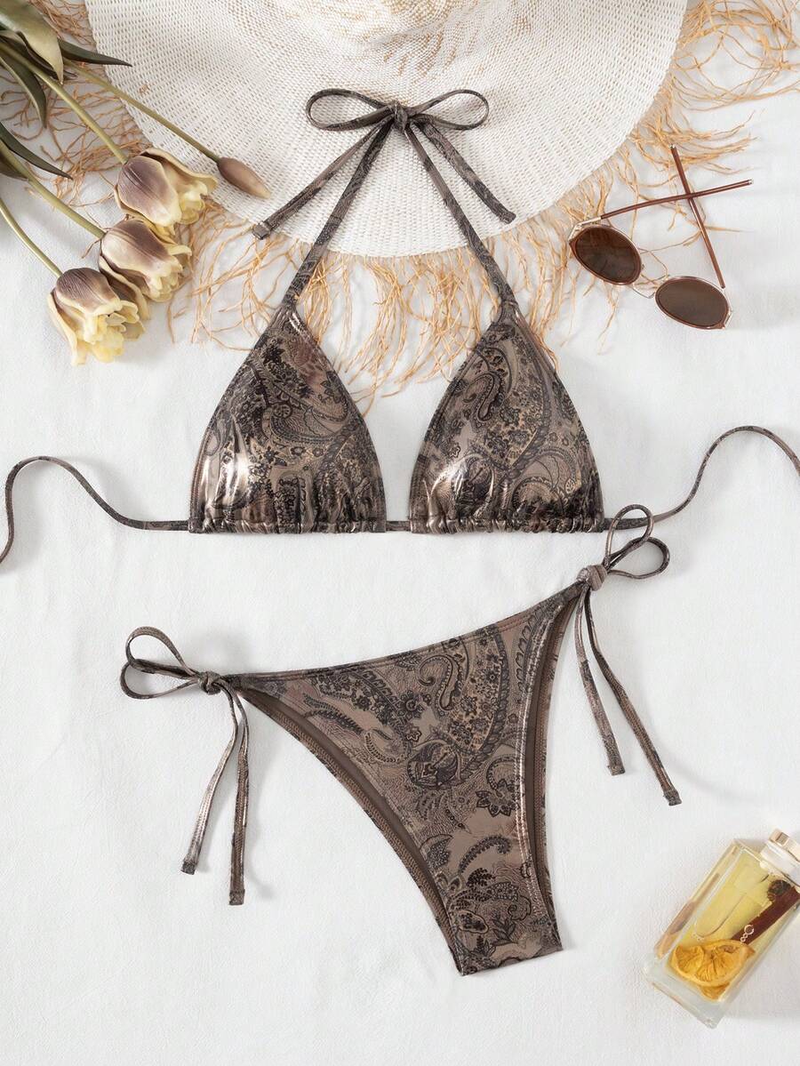 Bộ đồ bơi bikini bằng da bóng thời trang gợi cảm dành cho nữ - Đồ bơi buộc dây hai bên cho kỳ nghỉ bãi biển - màu nâu - Xem 1