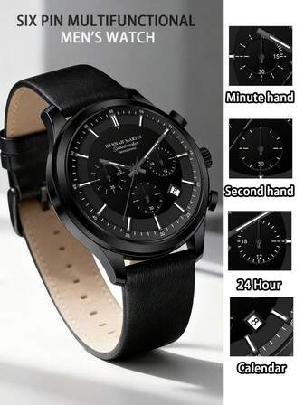 HANNAH MARTIN 1 件商务男士手表，多功能六针日历石英表，黑色 PU 皮革表带，时尚男士腕表，配黑色精美表盒，适合作为礼物赠送