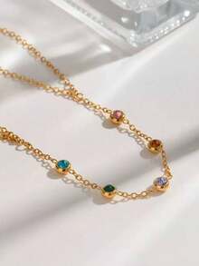 1pc Stainless Steel Bracelet With Colorful Zirconia Stones, Fashionable Finger Chain Jewelry (Random Crystal Color) - Gold - View 3