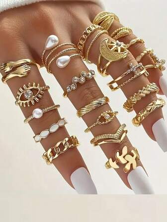 1 件复古多元素十字架、树叶、月亮和太阳设计戒指套装，时尚、个性化、精致，适合休闲、派对穿着，男女皆宜的礼物