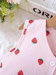 Bộ 2 món/Bộ trang phục thời trang thanh lịch mùa hè cho bé gái mới biết đi, Áo vest in họa tiết dâu tây sọc hồng + Chân váy xếp ly in họa tiết dâu tây sọc hồng phù hợp, Thích hợp cho bé gái mặc thường ngày - Hồng - Xem 7