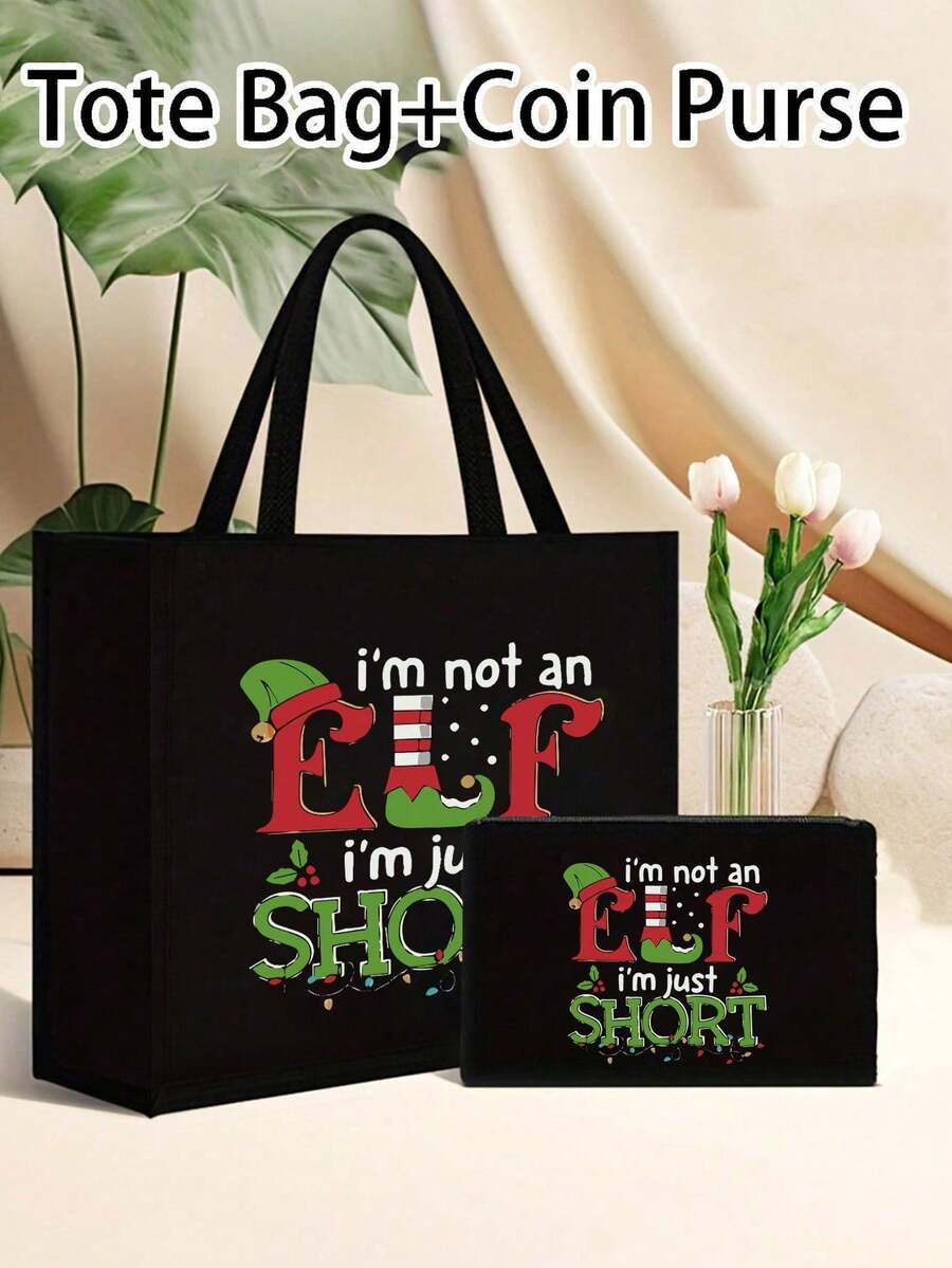 Christmas Theme Handbag And Cosmetic Bags Set,Printed With "I'm Not An I'm Just Short", Includes A Tote Bag And A Coin Purse,Middle Eastern Desert Pattern Linen Shopping Bag,Multi Functional Portable Handbag, Shoulder Bag,Large Capacity Fashion Simple Style Durable Gunny Bag,Skin Care Product Storage Bags,Makeup Bag, Beauty Products Storage, Charger Storage Bag,Suitable With Suitable For Outdoor Picnics, Parties, Travel And Shopping,Commute - Black - View 1