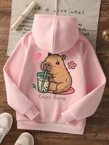 1 pieza Sudadera casual con estampado para niñas preadolescentes, forrada térmica, manga larga, ropa de estudiante para otoño/invierno - Rosa - Ver 3