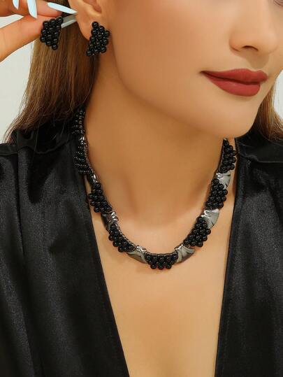 3pcs/Set Faux Pearl Vintage Textured Ginkgo Leaf Earrings & Necklace Set For Women