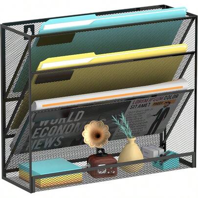 Organizador de archivos de pared de 4 niveles, soporte de malla para correo de oficina, organizador de pared colgante, revistero para oficina, color negro