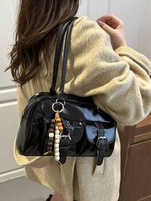 1pc Minimalist Retro Zipper Tote Bag, Decorated With Pockets, Dual Handles, Suitable For Women's Casual Daily Commute - Black - View 5