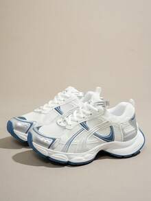 女士春秋新款休闲厚底运动鞋，网眼透气厚底坡跟休闲鞋，轻便百搭时尚系带白/灰色休闲运动鞋，适合所有季节 - 藍色 - 查看 11