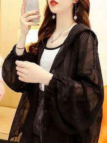 女士连帽轻薄透气宽松衬衫夏季防晒 - 黑色 - 查看 5