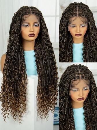 A ANYTIME Boho Box Braided Peruker Lockigt Hår Syntetiska Helspets Peruker För Kvinnor Gudinna Locs Flätad Peruk Vinröd Bohemisk Box Braid Peruk