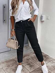 Women's Plus Size Solid Color Elastic Ankle-Length Pants, With Pockets, Zipper And Button Closure, Casual & Business Wear, Suitable For Spring, Autumn, Winter, Commuting, Daily, Holidays, Christmas, Versatile