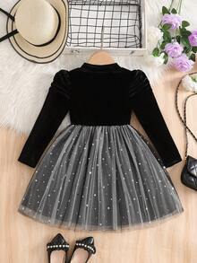 Váy thu mới cho bé gái, cổ đính ngọc trai, tay bồng, viền lưới, váy thời trang, thích hợp mặc hàng ngày, dự tiệc và biểu diễn - màu đen - Xem 4