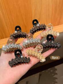 8个水钻麦穗耳迷你爪夹，女士奢华轻盈发夹，半扎发造型配饰，DelicaHair Clawips，塑料材质，适合日常佩戴，节日必备发饰 - 彩色 - 查看 4