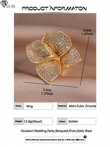 1pc Fantasy Three-Dimensional Flower Morphology Rings Luxury Openable Big Engagement Ring For Women Daily Decoration Copper CZ Jewelry Gift - Yellow Gold - View 5