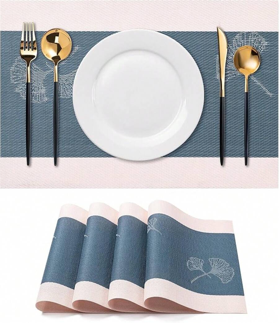 Washable Vinyl Placemats Set Of 4 For Indoor/Outdoor Use - G-ginkgo Biloba Blue White - View 1