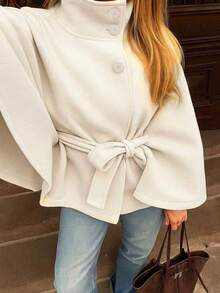 Pelerină de lână pentru femei, culoare solidă, cu nasturi în față și talie legată, ținută casual și de întâlnire, palton de toamnă/iarnă