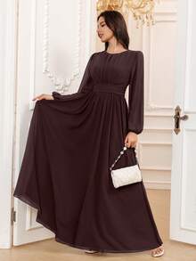 Volly Toych Coffee Autumn Outfits Women Elegant A-Line Scoop Long Sleeve Floor-Length Chiffon Formal Bridesmaid Dress,Wedding Guest Dress,Sleeves Without Lining - Coffee - View 5