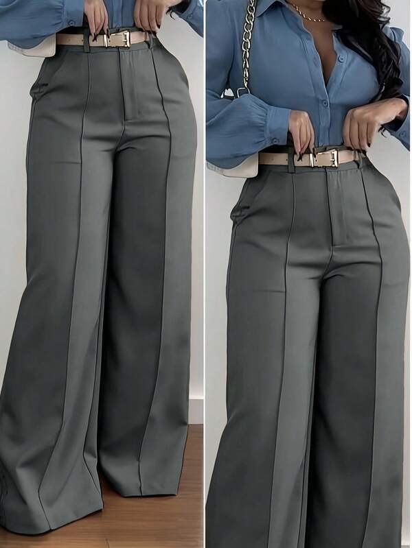 Solid Color Zipper Pocket Button Waistless Elegant Fashion Versatile Suit Pants, Suitable For Commuting