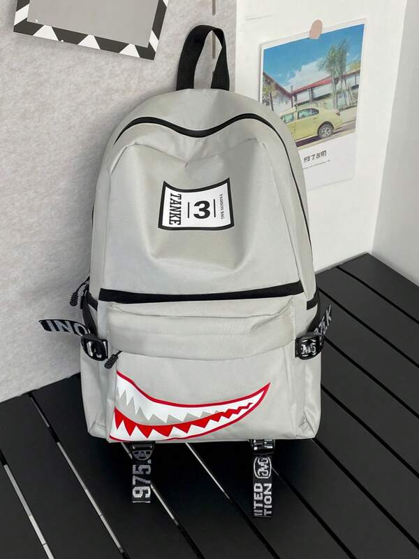 Mochila de gran capacidad con estampado de boca de tiburón, mochila linda y ligera, adecuada para viajes, compras y diversas ocasiones