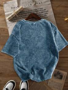 Men Shirts Women'S Casual Whale Print T-Shirt - Vintage Washed Blue Short Sleeve Tee With Whale & Starfish Design, Soft Round Neck Summer Top For Casual Attire, Whale Shirt Men Clothes - 藏蓝色 - 查看 2