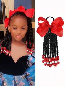1 pieza Peluca de coleta trenzada con cuentas y lazo para niñas, estilo trenzado con clip, adecuado para niñas - Negro natural - Ver 11