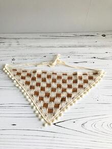 1pc Geometric Pattern Knitted Hollow Polka Dot Tassel Trim Headscarf, Vintage Chic Versatile Headpiece Warm Hair Bands Winter Hair Accessories Women Bandanas Soft Head Wrap