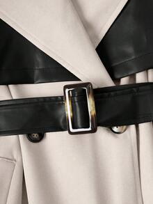 Color Block Double Breasted Trench Coat, Patchwork Solid Color Contrast Pocket Belt Double Button - Apricot - View 4