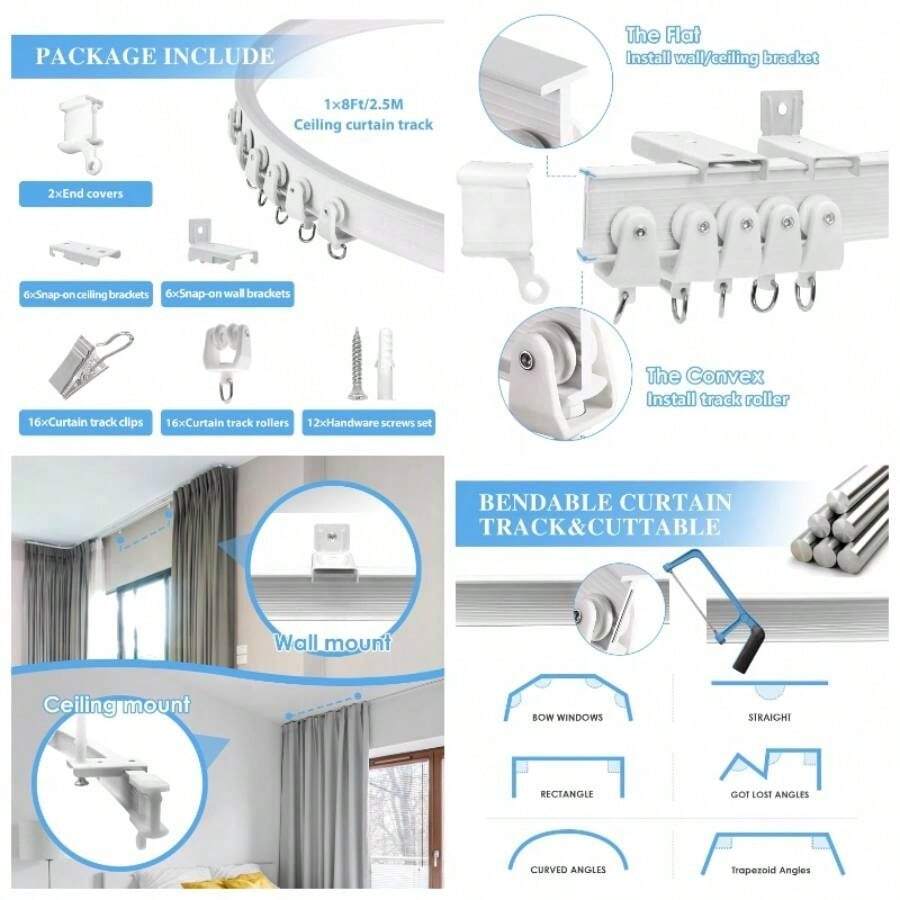 Ceiling Curtain Track, 12 Ft Black Flexible Bendable Curved Curtain Rail Wall Mount Sliding Ceiling Track System Set Bay Window, Room Divider - White + 8 Ft - View 1