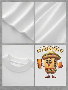 Camiseta gráfica Taco Tuesday para mujer, diseño de comida divertida, lindo estampado de taco de cerveza de dibujos animados, top informal de algodón, el regalo perfecto para los amantes de los tacos, camiseta holgada de gran tamaño - Blanco - Ver 4