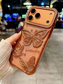 Ốp điện thoại hình bướm đính đá cho nữ/bé gái, tương thích với iPhone 17 Pro Max, 17 Air, 16, 15, 14, 13, 12 Pro Max, 14, 15, 16 Plus, 11, 13, 16, 17, màu cam ombre lấp lánh sang trọng, mặt lưng mềm trong suốt mạ điện bóng. - trái cam - Xem 7