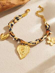 1 Multicolor Leopard Print Ribbon Knotted Bracelet Gold-Plated Retro Heavy Industry Sun Heart Flower Pendant Pendant For Women's Bracelet