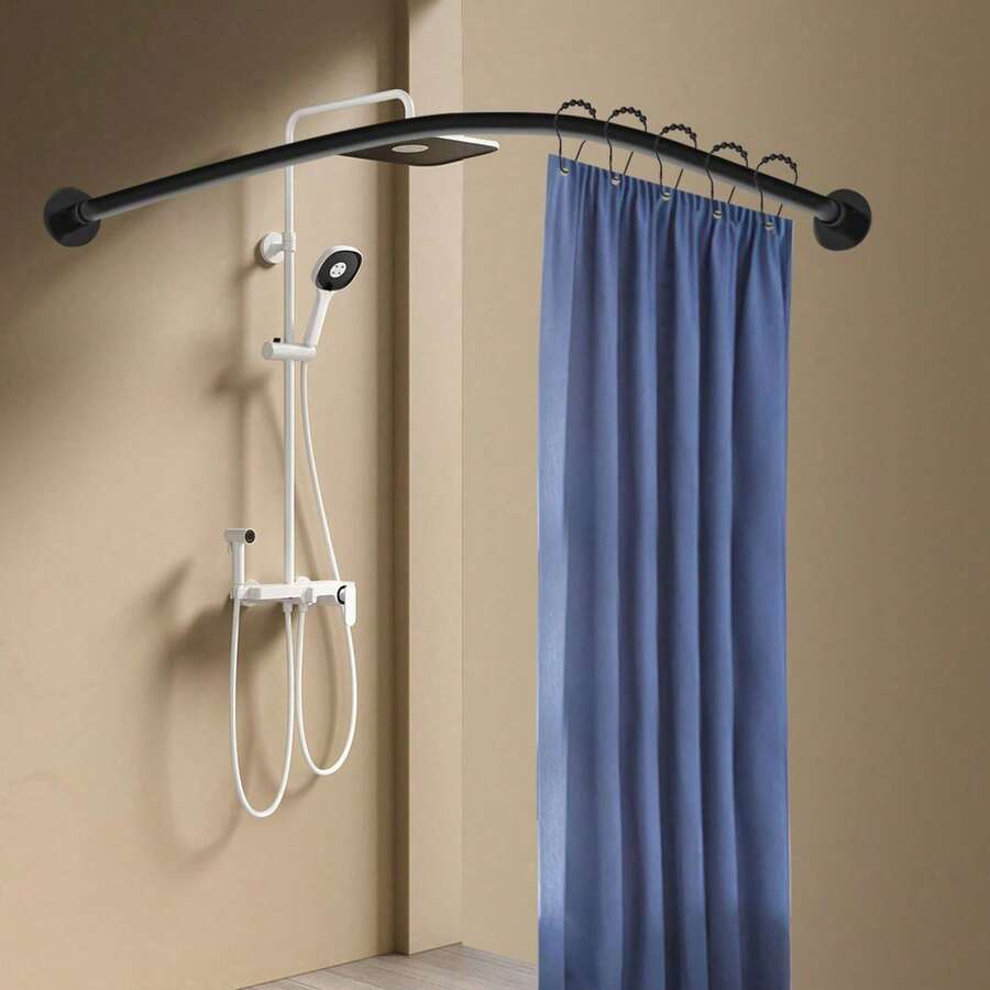 Bastone per tenda da doccia curvo per bagno, lunghezza regolabile, asta per doccia curva, aste e supporti in metallo, aste per tenda da doccia rotonde, supporto girevole per ampio bagno con doccia - nero - Visualizzare 1