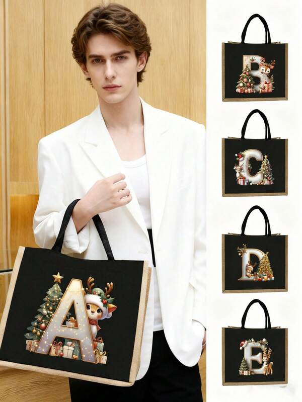 Men's Casual Tote Bag, Large Capacity Shopping Bag, Linen Beach Tote Bag Christmas Theme 26 Letter Print Commuter Tote Bag Yellow Linen Tote Bag, Women's Shopping Bag With Gold Letter And Flower Print, Large Capacity Reusable Shopping Bag Laptop Bag