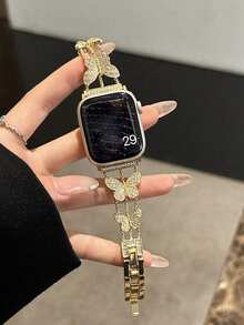 1 件兼容 表带金属钻石金表带为您的手表增添光彩 - 兼容 系列 8/7/6/5/4/3/2/1/SE/超闪亮时尚，适合女士 38 毫米 40 毫米 41 毫米 44 毫米 45 毫米 49 毫米兼容 Ultra 系列女式表带，珠宝闪亮钻石蝴蝶 AppleWatch 表带 - 金色 - 查看 2