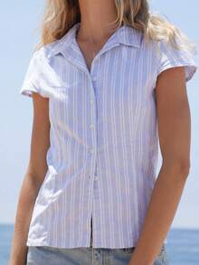 Women's Button Down Collared Shirts Cap Sleeve V Neck Striped Print Slim Fit Tops Summer Shirts - Baby Blue - View 2