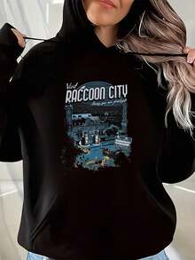 Vintage Raccoon City Design On Black Shirt Round Neck Short Sleeve Hooded Sweatshirt Women's And Men's Patterned Sweatshirts - màu đen - Xem 5