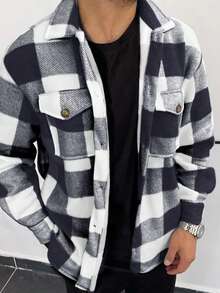 男士长袖休闲格子外套，时尚百搭简约风格，秋季款 - 黑與白 - 查看 5