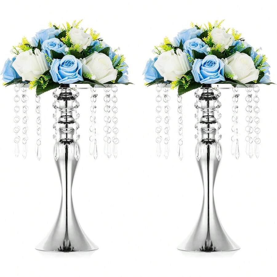 NUPTIO - 2 piezas de centros de mesa plateados para boda, floreros para arreglos florales artificiales, 35 de alto, jarrón de metal y cristal, para boda, aniversario, ceremonia,, hotel - Plateado - Ver 1