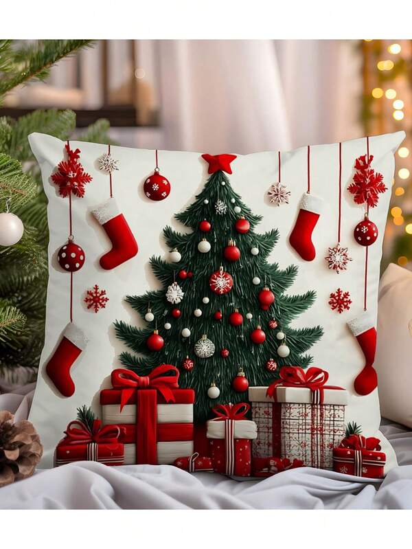 غطاء وسادة مطرز بشجرة عيد الميلاد 1 قطعة، غطاء وسادة ملقاة حمراء لعيد الميلاد، غطاء وسادة زخرفية للأريكة والغرفة المعيشية
