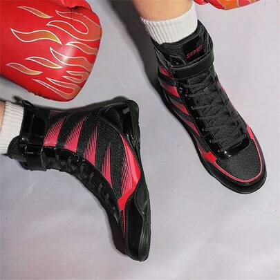 Men's Wrestling Shoes, High-Top Combat Boxing Shoes, Training Shoes, Kickboxing Boots, Fitness Martial Arts Shoes, High-Quality Men's Professional Sports Shoes, Comfortable Anti-Slip Breathable Ankle Support Shoes With Textured Soles